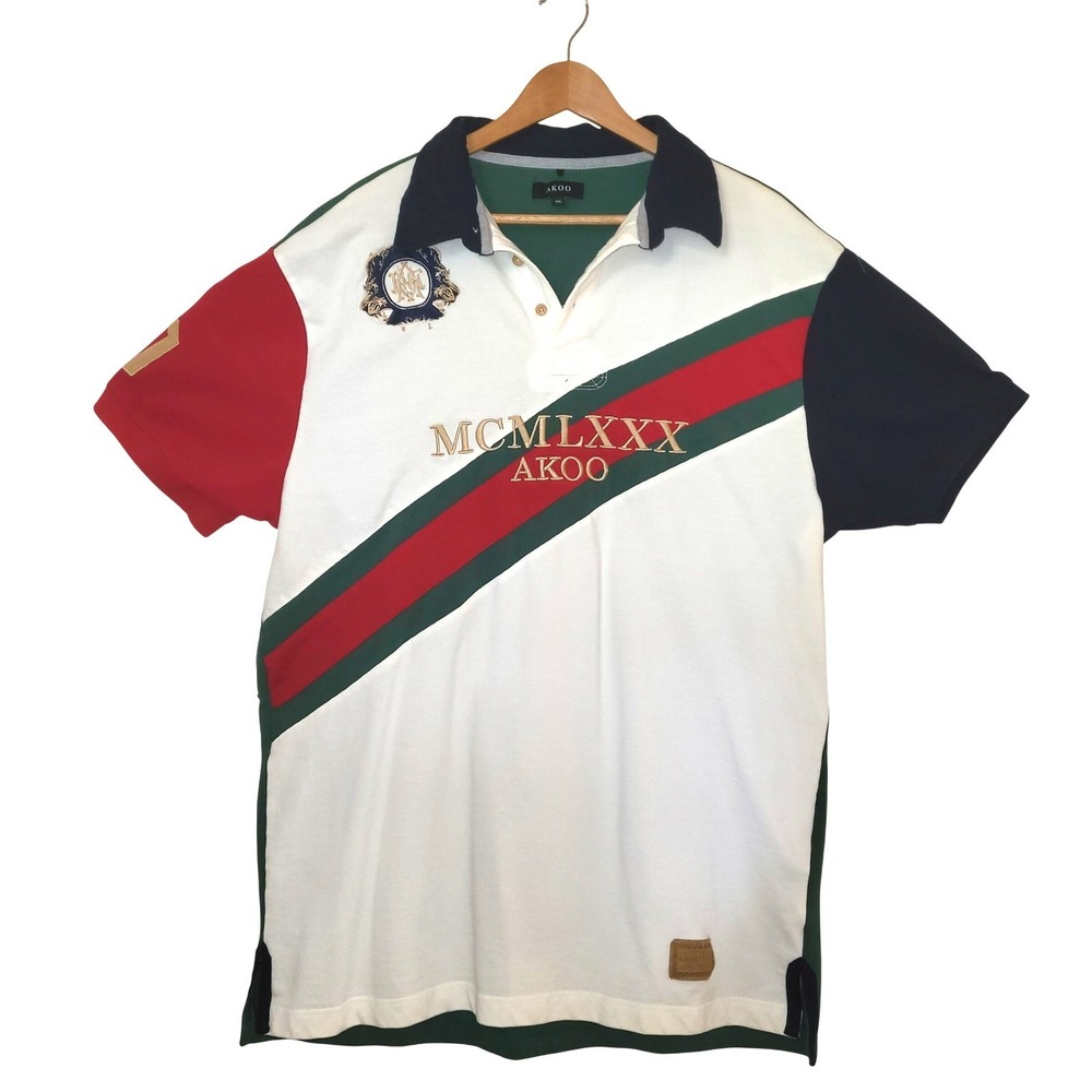 Akoo Polo Shirt  White Green Rugby Colorblock MCMLXXX 80 Crest Patch Men's 3XL